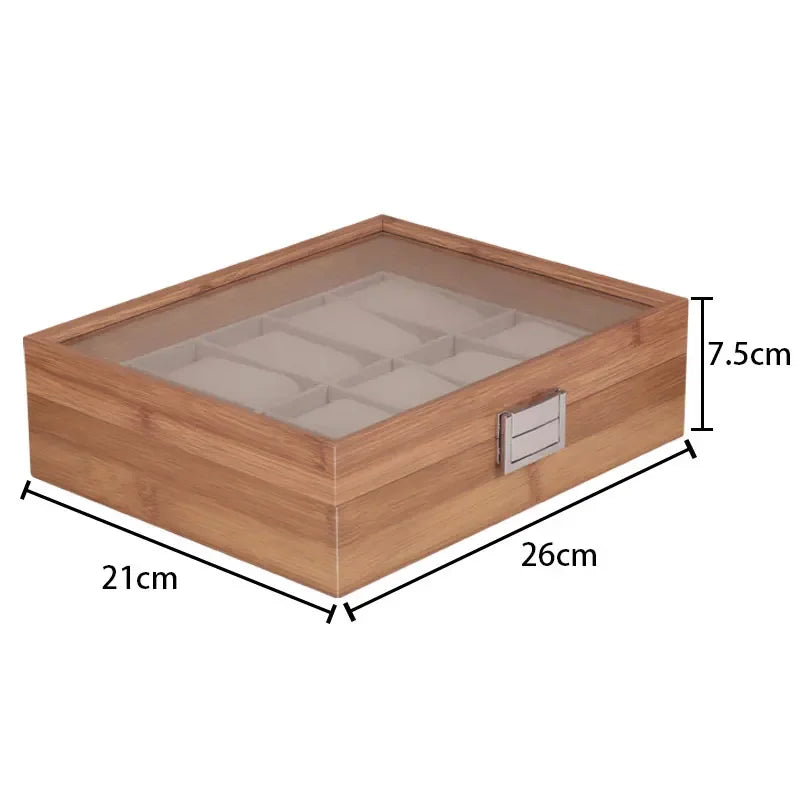 New Style  Bamboo Watch Box 3/6/10/12grids Transparent Lid Fashionable
