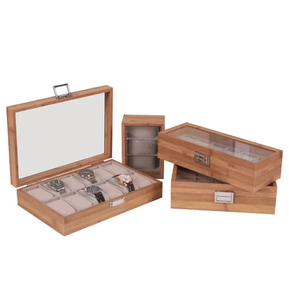 New Style  Bamboo Watch Box 3/6/10/12grids Transparent Lid Fashionable