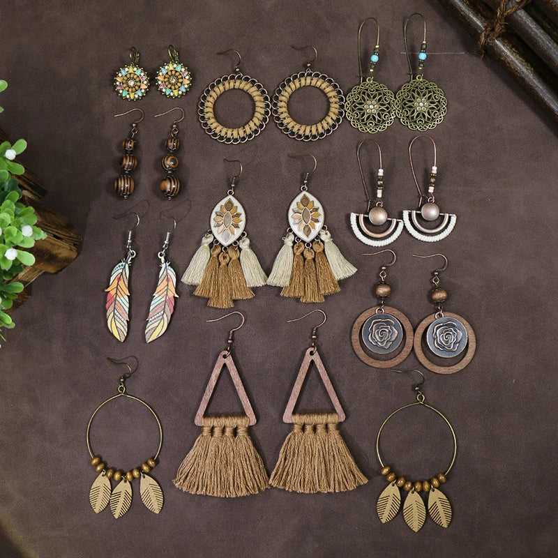 Set bohémien – Boucles d’oreilles en bois et perles naturelles | Verdalya
